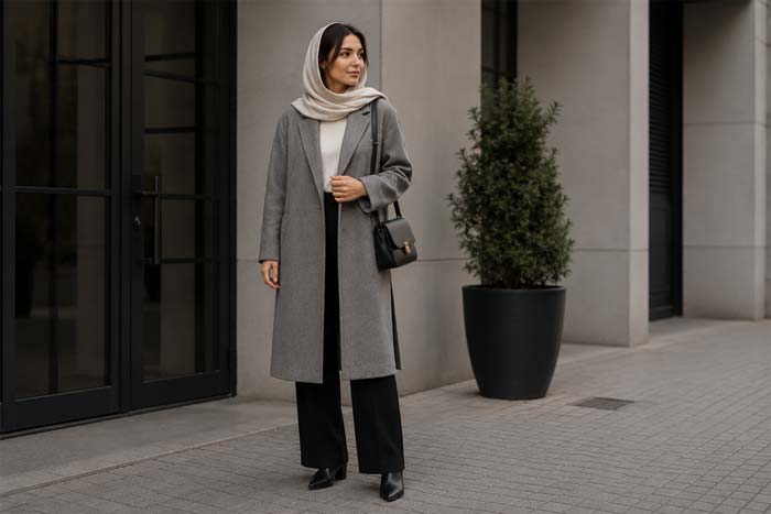 استایل مانتوی طوسی مینیمال + شال کرم + کیف مشکی ساده