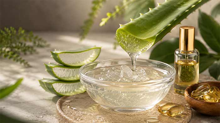 پوست ماسک ژل آلوئهورا و روغن ویتامین E